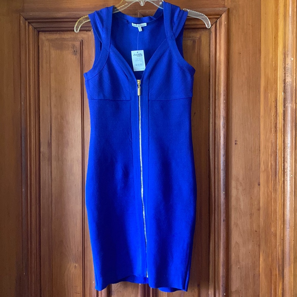 Blue bandage dress with gold front zipper